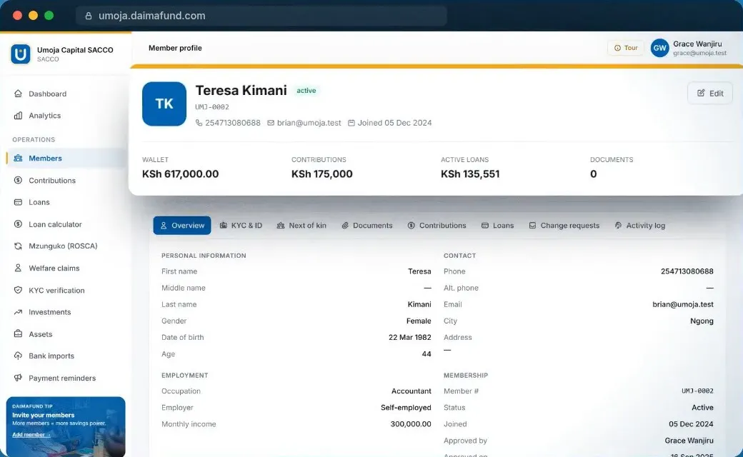 DaimaFund member profile: wallet, contributions, active loans, KYC, next of kin and activity log