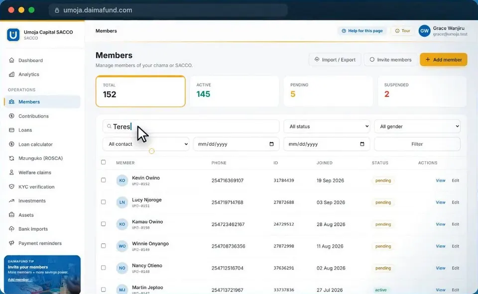 DaimaFund members list with totals, filters and search
