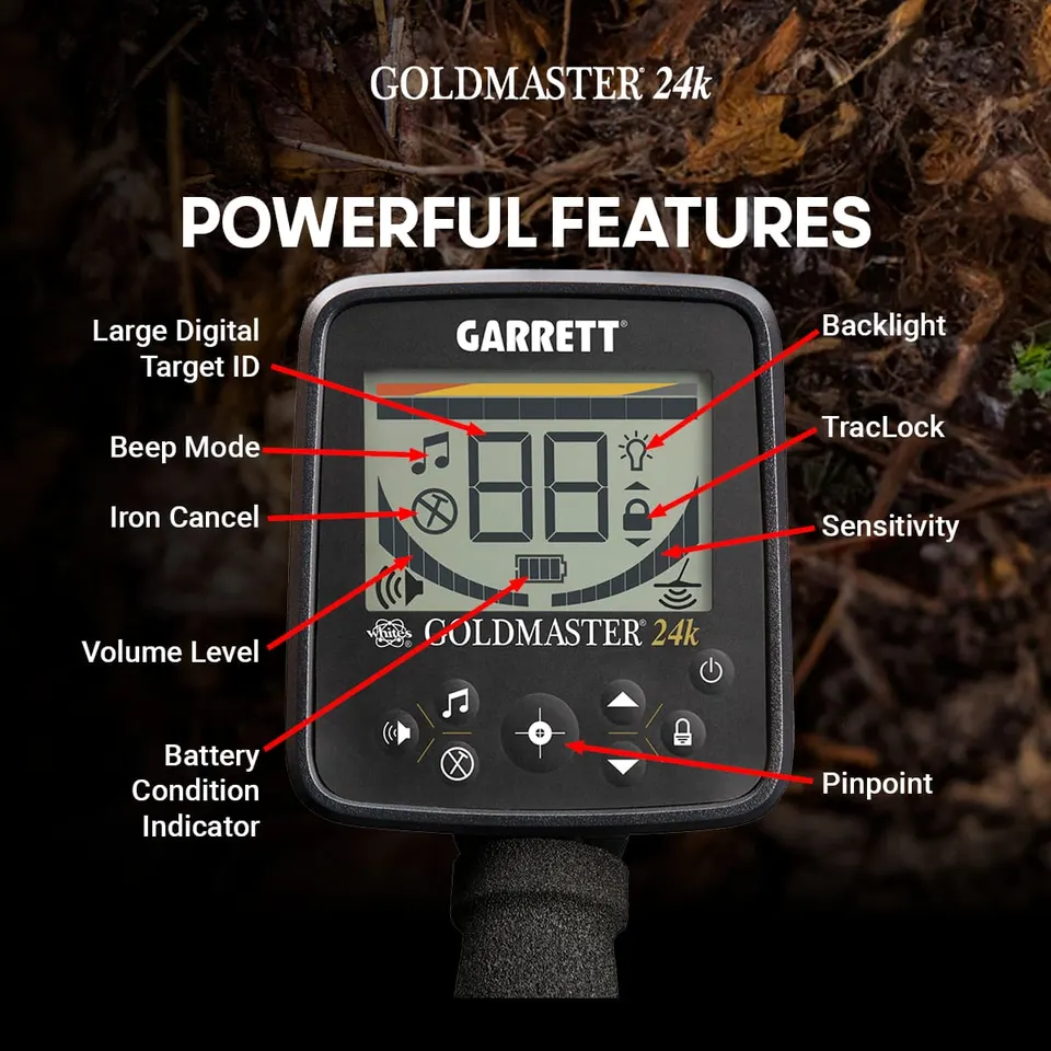 Garrett Goldmaster 24k advert labelling the features on the control panel