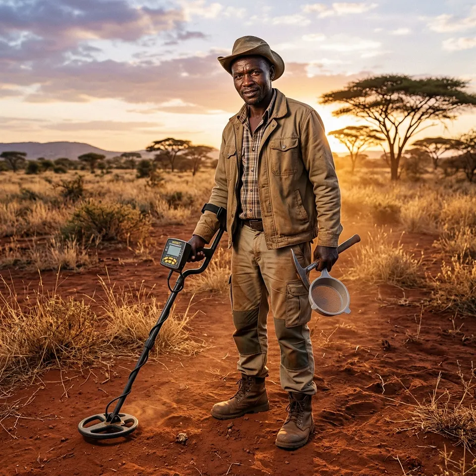 Man with a Garrett metal detector in the savannah at sunset