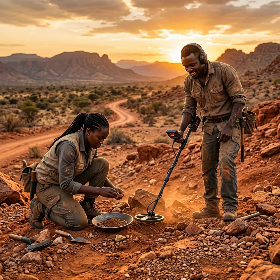 Two prospectors with a Garrett metal detector on red earth at sunset