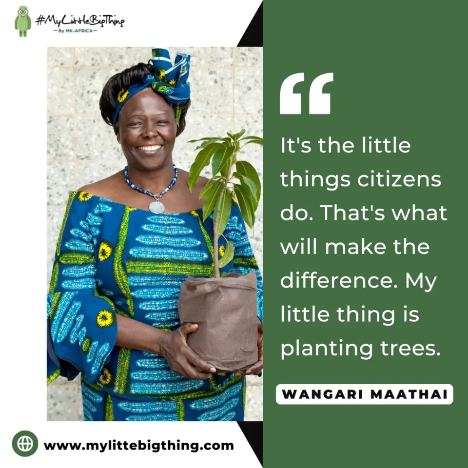#MyLittleBigThing quote poster with Wangari Maathai holding a tree seedling