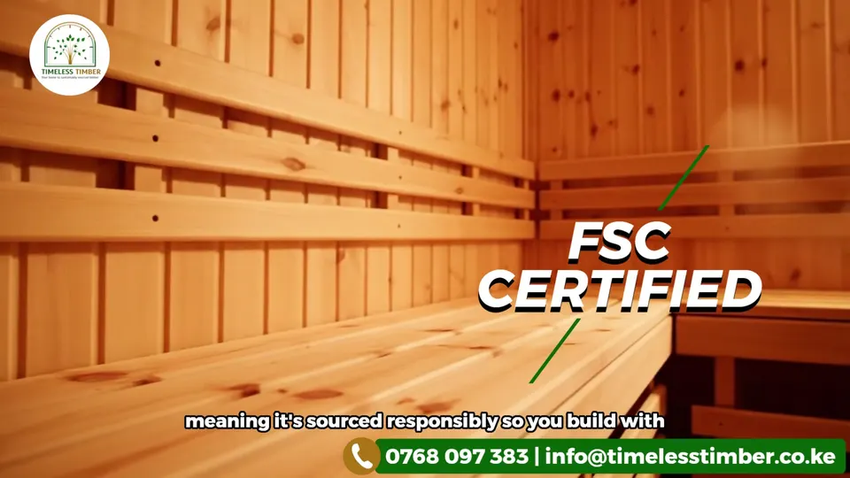 Frame from a Timeless Timber social video: a pine sauna with the caption FSC Certified