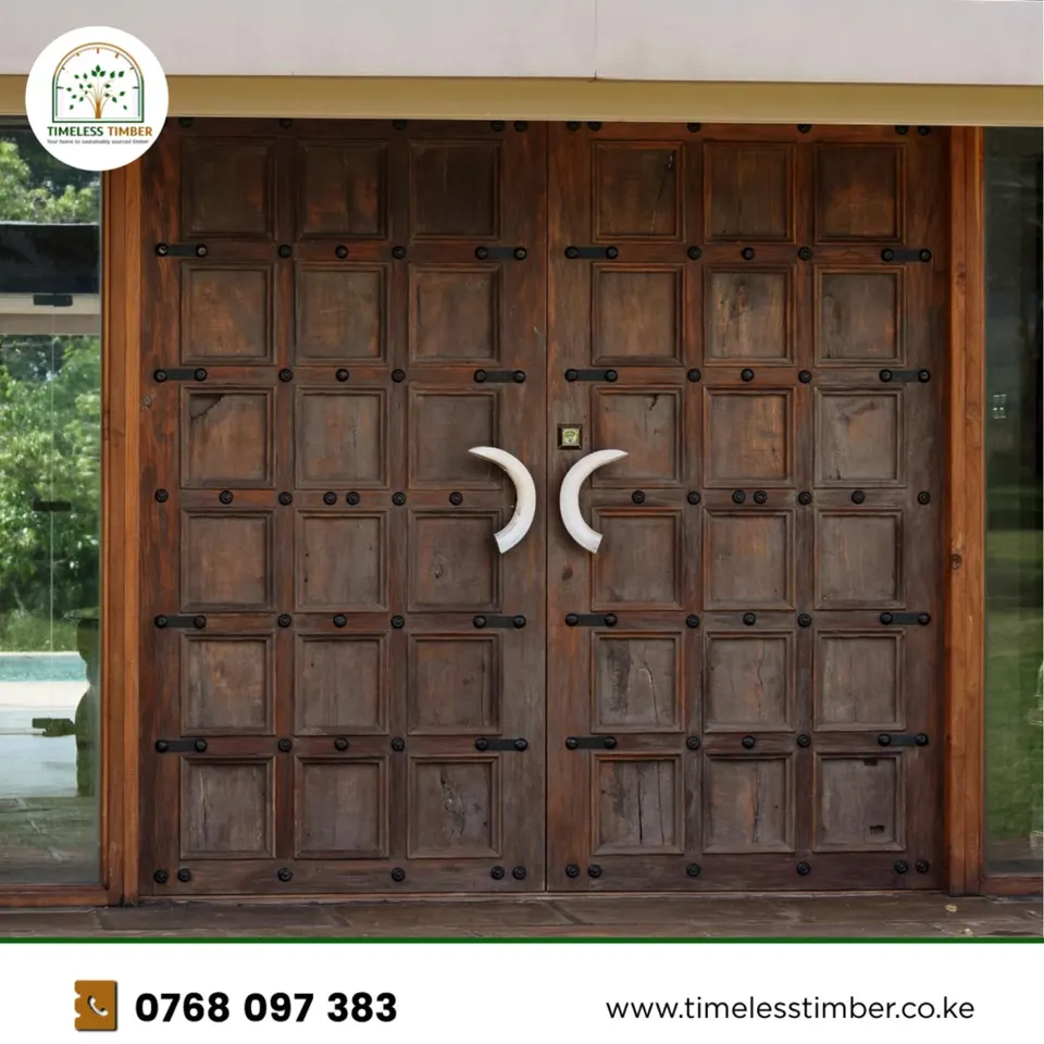 Timeless Timber social post of carved hardwood double doors