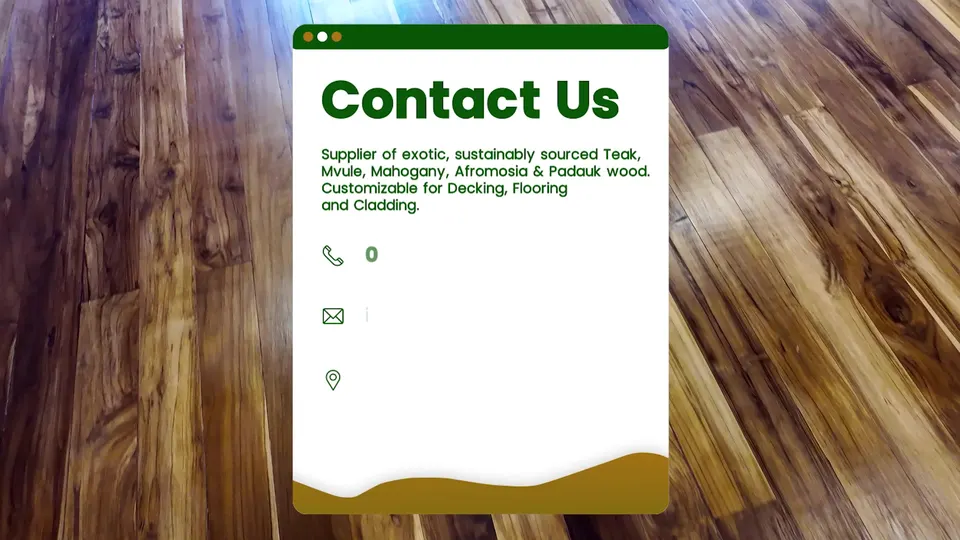Animated Timeless Timber contact card over a hardwood floor